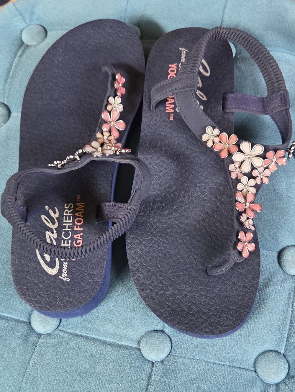 Skechers Navy Floral T-Strap Sandals with Pink Flower Accents - Picture 4 of 6